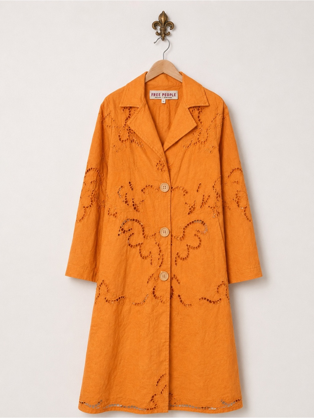 Free People orange linen blend laser floral boho chic bohemian trench coat XS